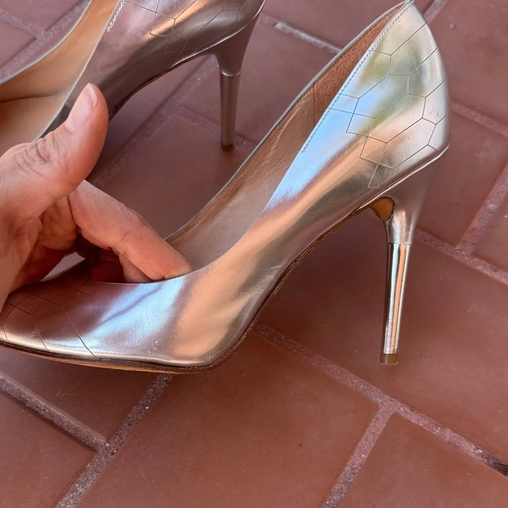 Sigerson Morrison Kitty Peep-Toe Silver Pumps, Metallic Silver Heels